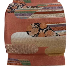 袋帯 秀品 関西仕立て 霞 草花 金糸 箔 ピンク 六通 正絹 【中古】