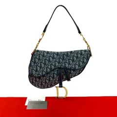 極 美品 Christian Dior ディオール サドルバッグ トロッター CD ロゴ 金具 キャンバス レザー セミ ショルダーバッグ ネイビー 30457