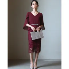DRESS PLUS 結婚式 ワンピース パーティードレス XL レッド 赤 レース パール 七分袖 ミディ丈 フォーマル レディース 上品 フェミニン 裏地あり ファスナー 二次会 発表会 お呼ばれ オケージョン 華やか きれいめ 人気 大人 美品良  春秋