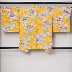 羽織 袷 身丈82cm 裄丈64cm 正絹 Aランク カジュアル Mサイズ 紐あり 鶴 楓 吉祥文様 古典的 華やか 黄系 HP 1232-12819