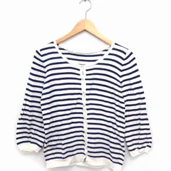 アースミュージック&エコロジー EARTH MUSIC & ECOLOGY カーディガン ニット ボーダー 丸首 七分袖 S ホワイト 白 ネイビー 紺 /FT8