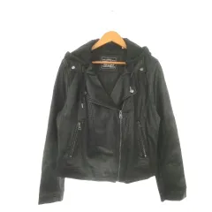 リーバイス Levi's ライダースジャケット フェイクレザー L 黒 ブラック 長袖 フード付き アシンメトリージップ /AH23 ■ECE003