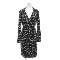 ダイアンフォンファステンバーグ DIANE von FURSTENBERG ワンピース 8 シルク ひざ丈 長袖 総柄 カシュクール 紺 ダークネイビー 青 ブルー /AE ■GY18