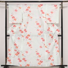 A5◇着物くつろぎ 夏物 花模様 白 化繊 小紋 薄物 絽 紗 着物 177 