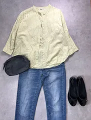 【2点セット】上下UNIQLO コーデ売り M リネンブレンド スタンドカラーシャツ ストライプ 7分袖 × ウルトラストレッチジーンズ デニムパンツ 30インチ 76cm 美脚 スキニー 春服 レディース 大人カジュアル まとめ売り ユニクロ