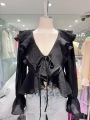 (新品) フリル リー リボン ブラック ブラウス