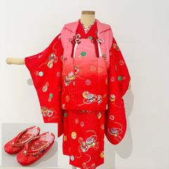 七五三 3歳 被布 着物 女児 100cm 赤 正絹 昭和レトロ 草履付き