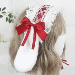 カチューシャ ヘッドドレス うさぎ 耳 髪飾り ロリータ うさ耳 コスプレ リボン (レッド) [レッド]