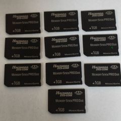 Set of 10 HAGIWARA SYS-COM 1GB Memory Stick Pro Duo cards, tested and formatted.