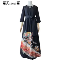 着物リメイク ロング ギャザー ワンピース 七分袖  作家物谷崎潤一郎の世界 黒留袖 Aライン マキシ丈ドレス 地折花鳥文  金彩 駒刺繍 暈し染め ブラック 黒