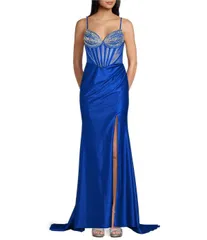 ビーダーリン レディース トップス ワンピース サイドスリット Vネック B Darlin VNeck Stonembellished Illusion Corseted Side Slit Ballgown RoyalCrystal ストーン