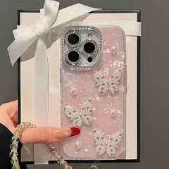 【新品】 iPhone 17 用 ケース キラキラ 蝶々 パール 立体 韓国 かわいい 半クリア ゴージャス 綺麗 人気スマホケース レディース バタフライ オシャレ シンプル 光沢カバー 派手 1