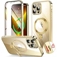 【新品】 HGUTREY【スタンド機能付き・アクションボタン】 iPhone13 Pro Max 用 ケース クリア ロック付き【CDリング・MagSafe対応】 9H強化ガラス PC背面 カメラレンズ保護 アイフォン13プロマックスケース 両面 ストラッ 1