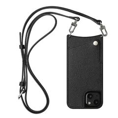 【新品】 本革 スマホケース iPhone 13 互換性 対応ケース スマホショルダー ショルダーケース カード収納 ロングストラップ (ブラック) 0