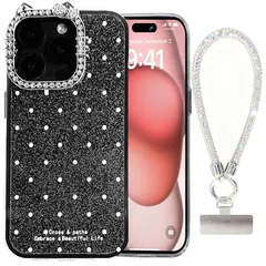 【新品】 【AssassinCat】ケースiphone13/iphone14用のスマホケース キラキラ猫耳デザイン キラキラチェーンひも縄掛け携帯ケース 可愛い ドット アイホン14/13向け保護カバー おしゃれ シンプル パステルカラー アイフォン14/ 1