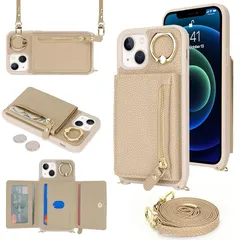 【新品】 Pelanty for iPhone 13 Mini 縄掛けケース 手帳型 for iPhone13 Mini ケースリング 肩掛け斜めがけ ショルダー 合成皮革+TPU マグネット 財布型カバー ICカード お札入れ小銭入れ 収納ポケット スタ 0