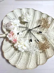 お買い得セット　プリザーブドフラワー髪飾り　プリザーブド　カスミソウ　アジサイ　ゴールド　ホワイトミックスセット