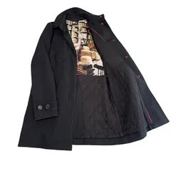 古着 ポールスミスブラック ステンカラーコート クリーニング済み 黒 書斎柄 中綿入り レディース 大きいサイズ 42