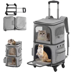 ペット 2 匹 キャリー リュック 4WAY キャスター付き 大容量 通気性 2段式 小型 犬 バッグ 2 匹 猫 キャリーカート 二匹 トロリーバッグ 旅行/通院/災害避難に最適 グレーpms 07d0eb7e