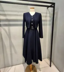 ジャケット ベルト フレア ワンピース セット (オートミール ダークネイビー)