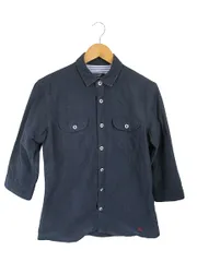 バーバリーブラックレーベル BURBERRY BLACK LABEL カットソー シャツ 五分袖 胸ポケット ボタン 刺繍 無地 ネイビー サイズ2 国内正規 QQQ