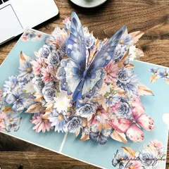 グリーティングカード  青い蝶と花  3D 立体 ポップアップカード お祝い 記念日 誕生日 ポストカード 絵はがき  蝶　花 絵はがき 雑貨 小物  パタパタ民族