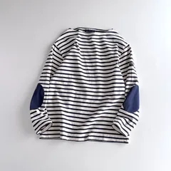 美品 / SAINT JAMES セントジェームス / OUESSANT ELBOW PATCH ウェッソン エルボーパッチ 長袖 ボーダー バスクシャツ / ユニセックス T4 レディース メンズ / エクリュ×ネイビー / フランス製 / トップス