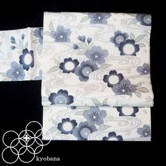 美品] 絽 洗える 夏帯 名古屋帯 お太鼓柄 白 鉄線 涼しげ お茶 花火