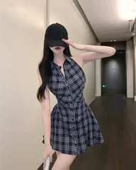 新品 未使用 レディース ファッション系 韓国 服 レディース ワンピース ミニ シャツ チェック柄 ノースリーブ