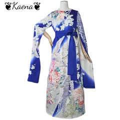 着物リメイク ロング袖スリットワンピース  振袖  Aライン マキシ丈ドレス 牡丹花文 金銀彩 刺繍 暈し染め ブルー 青