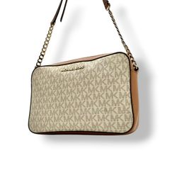 マイケルコース MICHAEL KORS ショルダーバッグ 斜め掛け可 肩掛け MKロゴ シグネチャー PVC レザー アイボリー ホワイト ベージュ ブラウン 茶色 総柄 ビンテージ クラシック エレガント 上品 スクエア 鞄 レディース 女子会 S85 マイケルコース MICHAEL KORS ショルダーバッグ 斜め掛け可 肩掛け MK
