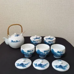有田焼 畑萬陶苑 染付山水 茶器セット 蓋付湯呑5客 急須 鍋島焼 伝統工芸 難あり