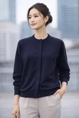 【極美品】【Drawerのアイコン刺繍】【クリーニング済】Drawer / ドゥロワー 12Gハイゲージの上質コットン天竺クルーネックカーディガン フリーサイズ ネイビー