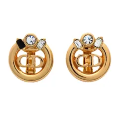 ★SALE【6jcb0893-k】クリスチャンディオール イヤリング CDロゴ 丸型 サークル GPメッキ ラインストーン ゴールド【中古】レディース