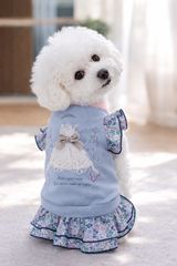 ハンドメイド犬服・蝶々と花柄・鮮やかなエメラルドブルー ギャザー