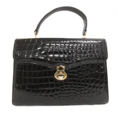 ノーブランド ハンドバッグ エナメル クロコレザー 黒 ブラック