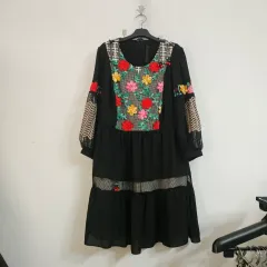 花 刺繍装飾 ブラック ロング ONE PIECE