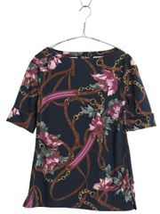 ブラックレーベル ローレン ラルフローレン 総柄 半袖 Tシャツ レディース M / ストレッチ コットン スムース ボートネック カットソー 黒 ブラックレーベル ローレン ラルフローレン 総柄 半袖 Tシャツ