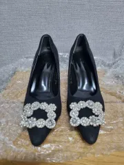 ブラック スウェード キュービック装飾 レディース パンプス 235