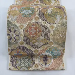 【美品】 袋帯 秀品 向かい鳥 華文 金銀糸 箔 クリーム 六通 正絹 【中古】