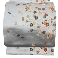 【美品】 袋帯 秀品 関西仕立て 吹き寄せ 金糸 刺繍 灰色 六通 正絹 【中古】
