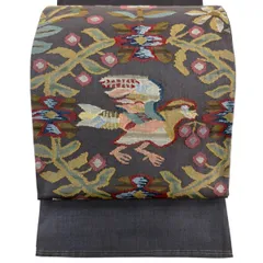 【美品】袋帯 秀品 関西仕立て 鳥 草花 灰紫 お太鼓柄 正絹 【中古】