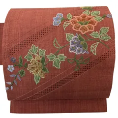 【美品】 名古屋帯 秀品 草花 枝花 刺繍 赤茶 正絹 【中古】