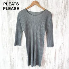美品 ISSEY MIYAKE PLEATS PLEASE イッセイミヤケ プリーツプリーズ 7分袖 チュニック ワンピース グレー レディースのサムネイル