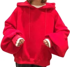 [エンプティオ] 萌え袖 だる着 長袖 ゆるパーカー パーカー レディース スウェット オーバー 裏起毛 トップス アウトドア オーバーサイズ 可愛い カワイイ ストリート トレーナー フード モコモコ ルームウェア ビッグシルエッ [ポピーレッド] [XL]