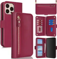 for iPhone 12 Pro Max ケース アイホン 13 Pro Max 肩がけ 首掛け 斜め掛け ファスナー ストラップ付き ショルダーケース 手帳型 CASE カバー SunYoo カード収納 横置き スタント PUレザー 財布型 レッド