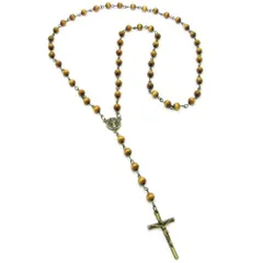【特価商品】ネックレス ウッドビーズ シンプル ロザリオ クロス KN21041 (アンティークゴールドカラー)