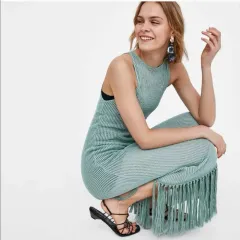 ZARA ミント色 ニット ロング ONE PIECE フリンジ 装飾