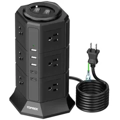 【特価セール】TOPREK 縦型コンセント 電源タップ 延長コード 3m タワー式 電源タップ usb付き コンセントタップ 12個AC口 5個USBポート Type-C付 ダブルスイッチ付き 過負荷保護 オフィス・会議用 自宅用 12A/1500W