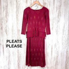 美品 ISSEY MIYAKE PLEATS PLEASE イッセイミヤケ プリーツプリーズ 雪の結晶刺繍 総柄 リボン プリーツ スカート セットアップ レッド レディース